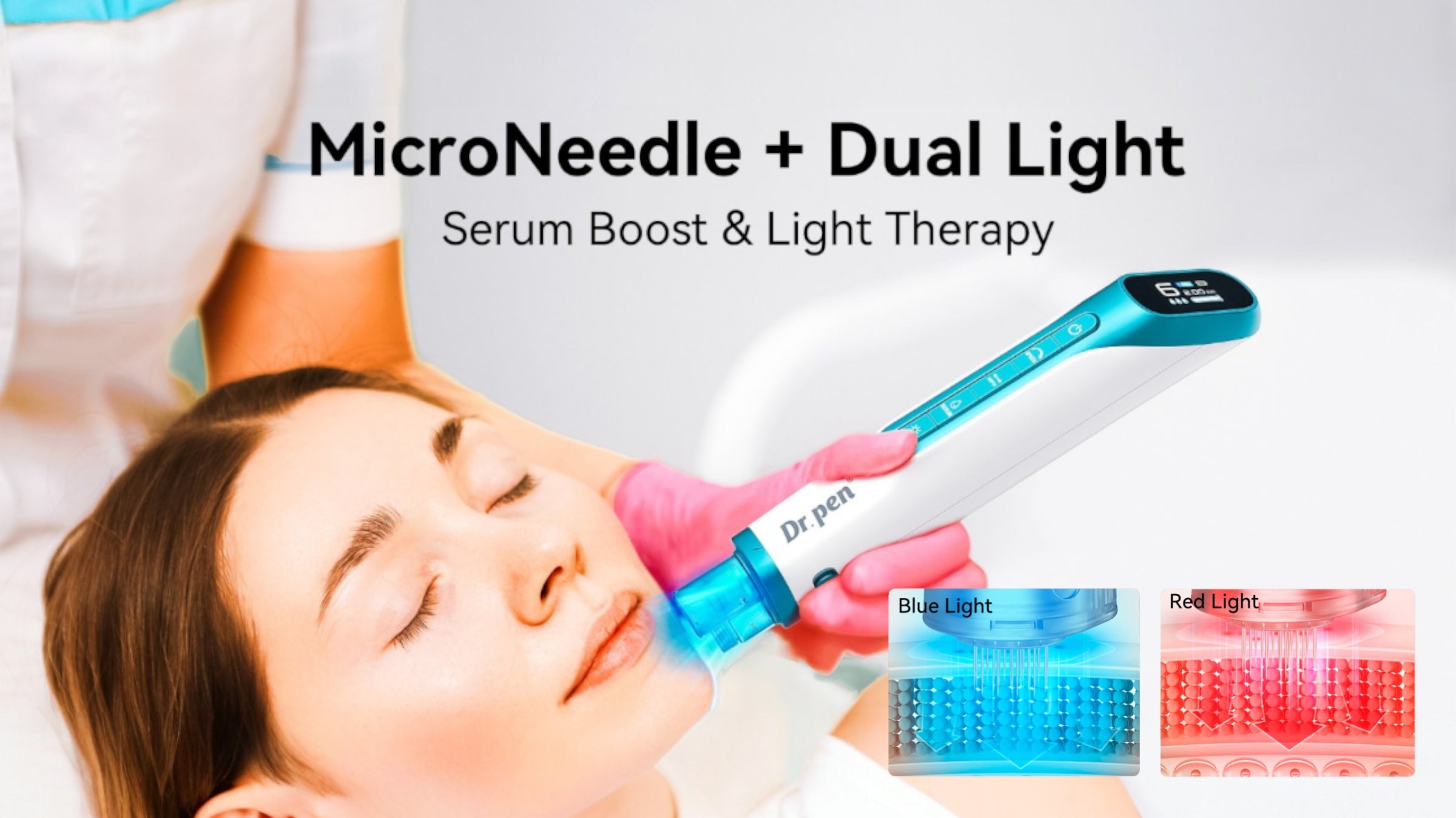 Last inn video: Avansert dermapen med integrert serumbeholder, intelligent chip-teknologi og terapeutisk LED-lys i rødt og blått.