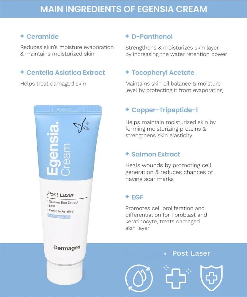 Dermagen Egensia Post Laser Cream | 25 gram | Denne kremen er formulert med kraftfulle aktive ingredienser som PDRN (Polydeoxyribonucleotide) og Epidermal Growth Factor (EGF), som arbeider sammen for å akselerere helingsprosessen, redusere betennelse og fremme regenerering av hudceller.